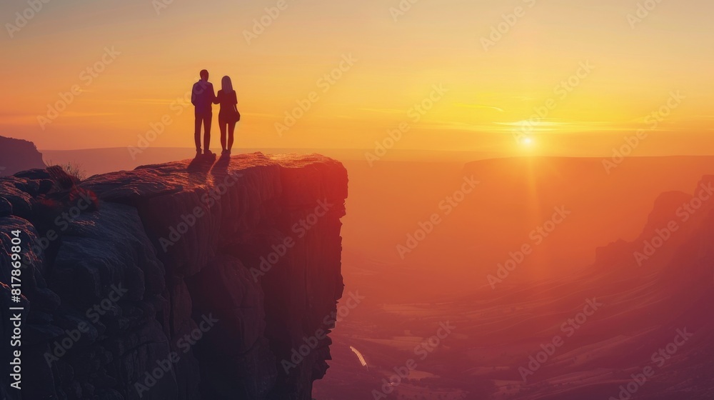 Romantic couple watching sunset from a cliff edge, with arms around each other as they admire the breathtaking view.