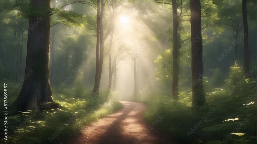 A serene forest path winding through tall trees with rays of sunlight filtering through the leaves - A serene forest path winding through tall trees with rays of sunlight filtering through the leaves -