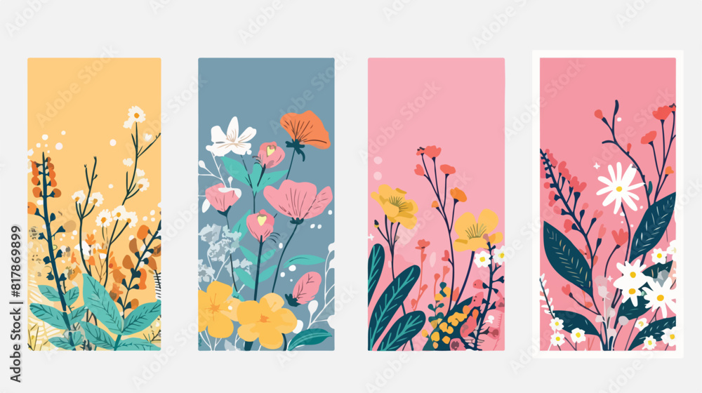 Flowers cards Four. Nature background designs with flat