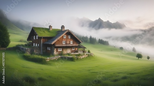 Isolated house in the mountains, beautiful typical northern European house in a lush, green landscape with fog