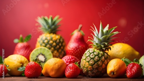 Fresh tropical fruit on red background  fruit juice ingredients  pineapple banana strawberries orange lemon detox juice  antioxidant fruit