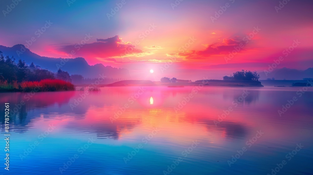 Fototapeta premium Scenic countryside sunrise, with mist rising over a tranquil lake and the sun emerging on the horizon in a stunning display of colors.