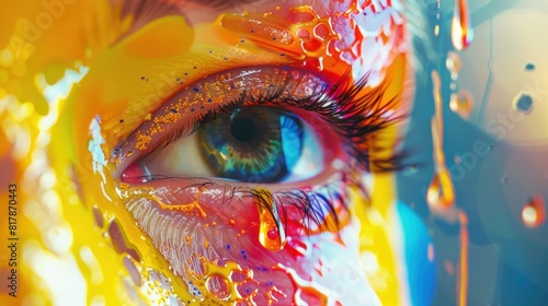Detailed close-up of an eye with colorful art