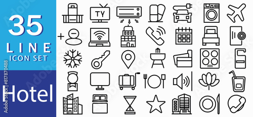 Hotel and apartment web icons in line style. Rental, reservation, hotel booking, room, parking, travel, service, airport, collection. Vector illustration