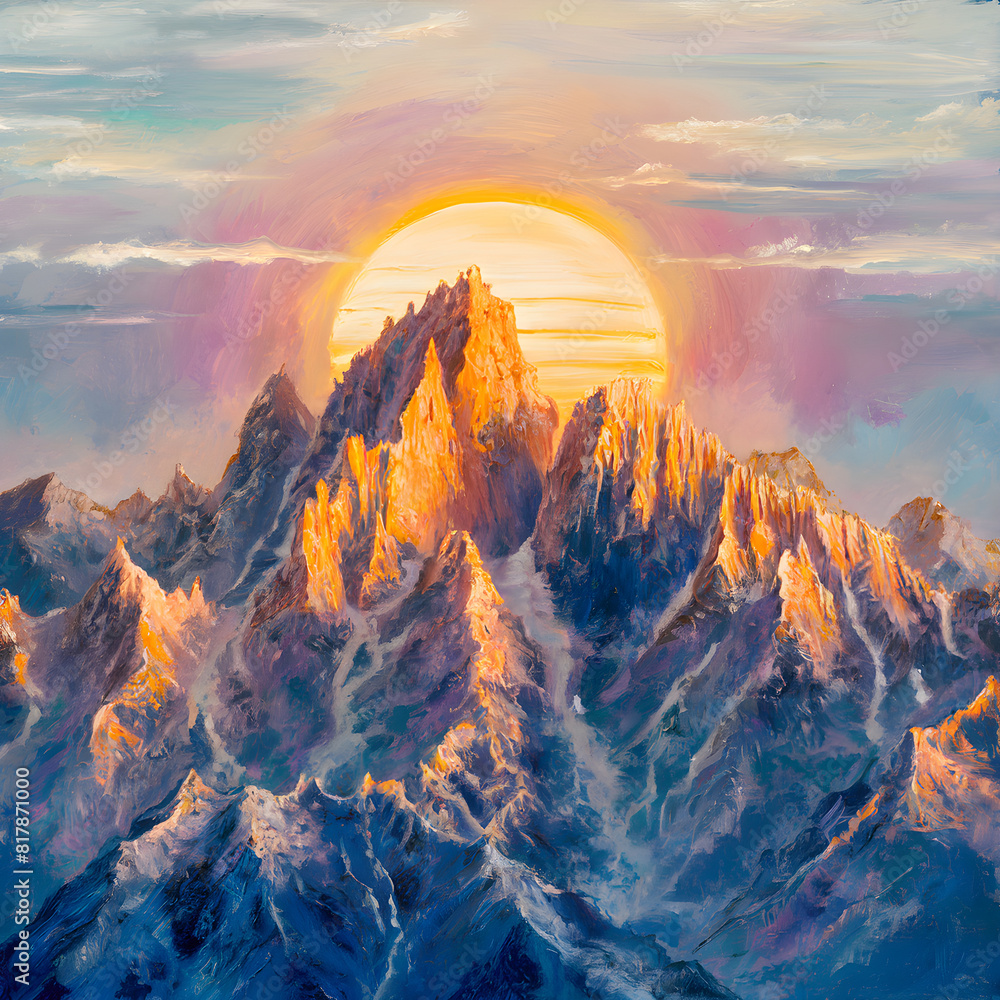 oil art of sunrise over the mountains