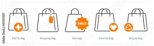 A set of 5 Shopping icons as add to bag, shopping bag, sale bag