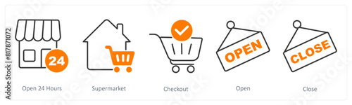 A set of 5 Shopping icons as open 24 hours, supermarket, checkout photo