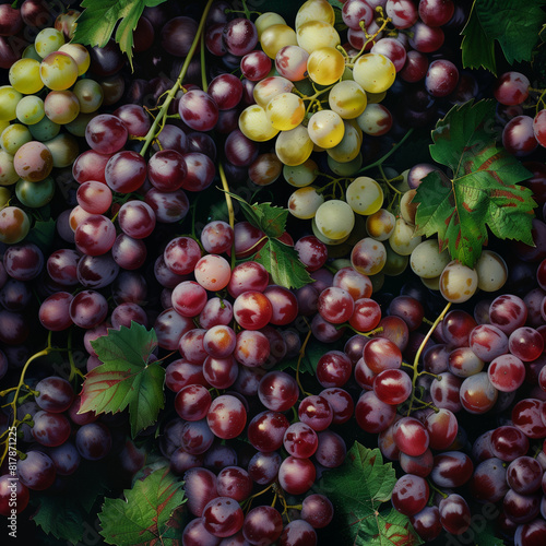 Fondo con detalle y textura de multitud de uvas de difer3entes tonos, con hojas
