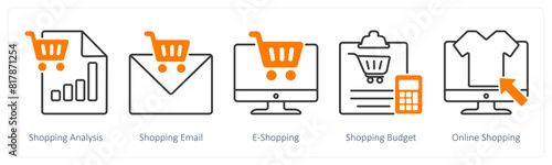 A set of 5 Shopping icons as shopping analysis, shopping email, e-shopping