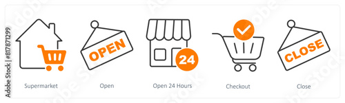 A set of 5 Shopping icons as supermarket, open, open 24 hours