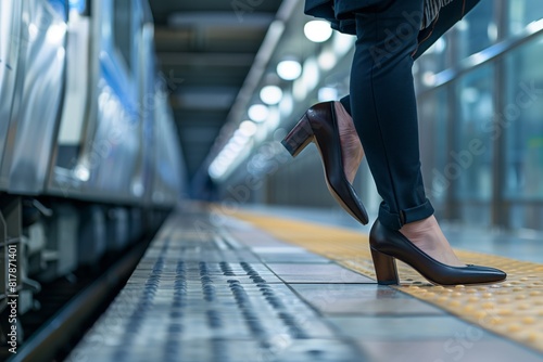 Close-up of a person wearing heeled shoes waiting at a subway platform. The train is blurred in the background, emphasizing the urban commute. photo