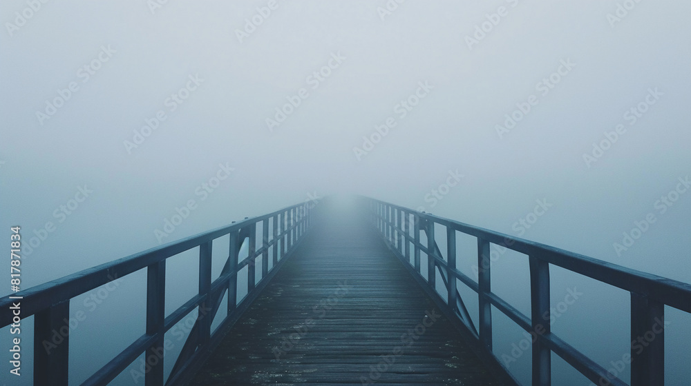 Fototapeta premium Wooden bridge extends into dense fog, creating an ethereal and mysterious atmosphere. The scene evokes a sense of solitude and the unknown, as the bridge disappears into the mist.