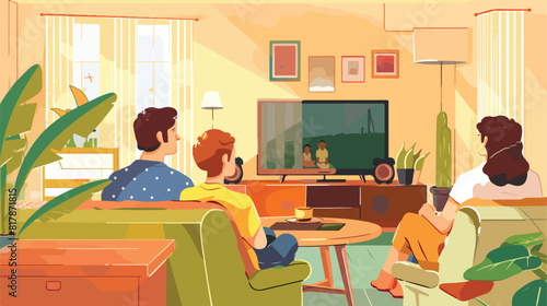 Four of a couple watches TV. Flat colorful illustration © Blue