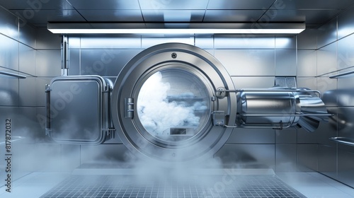 laboratory autoclave, door ajar, steam visible, stainless steel texture realistic photo