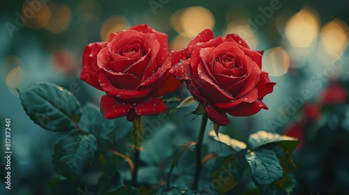 Vibrant red roses adorned with dew drops against a softly blurred background of bokeh lights