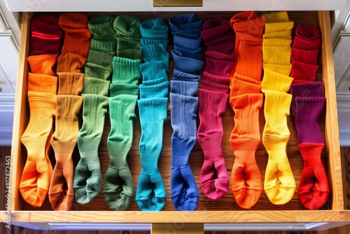 A neatly organized drawer filled with colorful socks arranged in a rainbow gradient pattern, creating a vibrant and tidy display.
