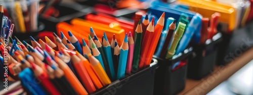 A close-up of a desk organizer filled with pens, pencils, and other office supplies.