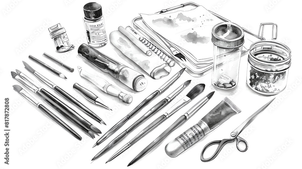 Crafting supplies flat design side view handy watercolor black and white Crafting supplies flat design side view handy watercolor black and white