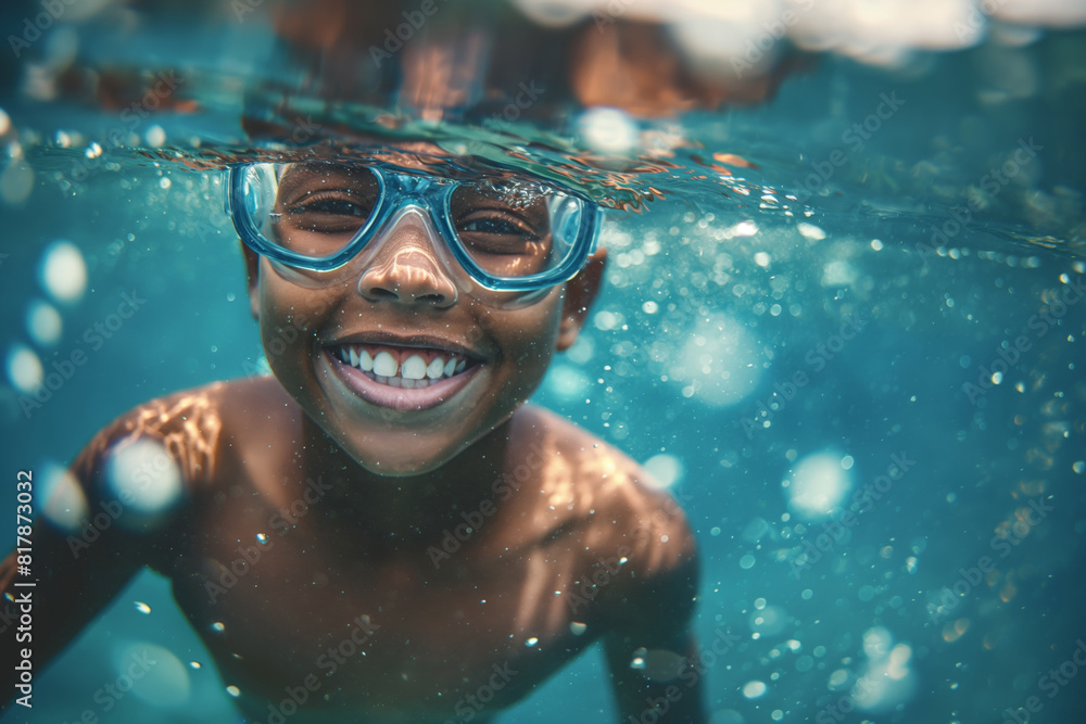 Naklejka premium Young happy boy smiling and wearing swimming goggles swims underwater, underwater scene