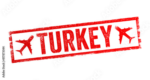 Turkey - a country located at the crossroads of Europe and Asia, bordered by eight countries and surrounded by three seas, text emblem stamp with airplane