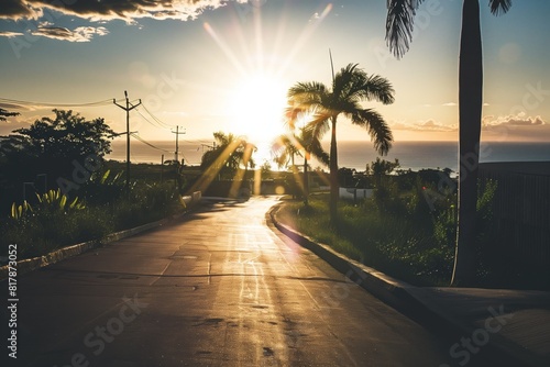 Sunset over a coastal road lined with palm trees, power lines, and lush vegetation, casting long shadows and creating a serene tropical atmosphere. © studioworkstock