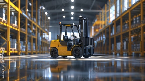 forklift in sparse warehouse setting, hyper-detailed minimalist background