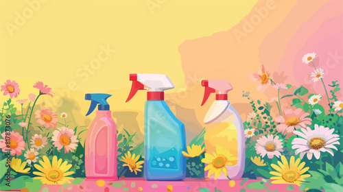 Four of cleaning supplies and spring flowers on color