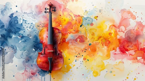 Cello rests against colorful abstract watercolor painting