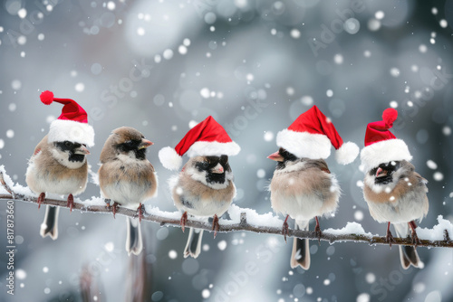 Birds with Santa hats on branch