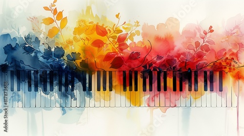 Piano keys with aquarela painted flowers leaves in background photo