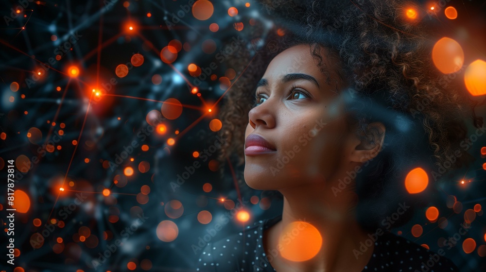 Thoughtful young woman looking up with glowing network ideas in background Thoughtful young woman looking up with glowing network ideas in background