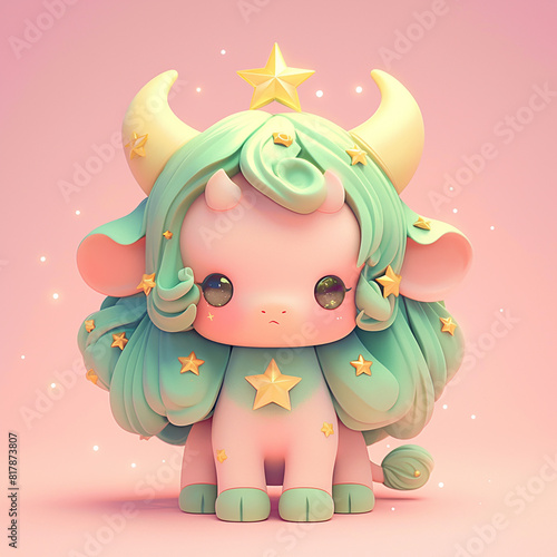 Zodiac sign Taurus 3d cartoon cow with green hair and gold stars on its head. The cow is sitting on a pink background