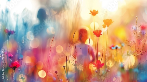 Colorful meadow with person in middle photo