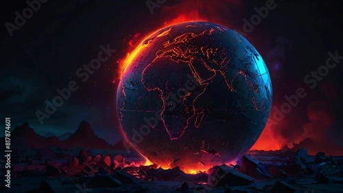 AI-generated video depicting a conceptual illustration of global warming, showcasing the Earth globe engulfed in flames, with America devastated by fire, symbolizing the impacts of extreme heat and cl photo