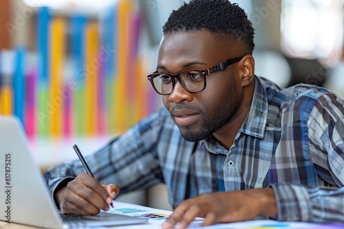 A young professional wearing glasses, focused on his laptop while taking notes at a colorful workspace. He is engaged in work, with various charts and graphs visible on his laptop screen.