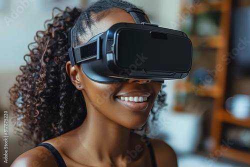 A young woman using a VR headset, fully engaged in a virtual reality experience in a cozy, well-decorated living room. She is smiling, enjoying the digital world.