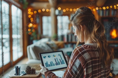A young professional sitting at a cozy, well-lit workspace, using a tablet and taking notes. The environment is warm and inviting, perfect for focused work and productivity.