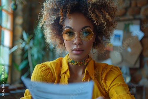 A young woman with curly hair and round glasses, wearing a bright yellow top, is deeply focused on reading a document in a plant-filled, sunlit room.