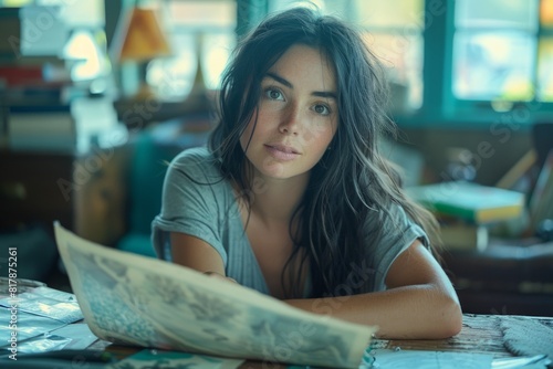A young woman with long dark hair and freckles, sitting at a rustic desk, reading a newspaper in a sunlit room. She looks contemplative and immersed in thought.