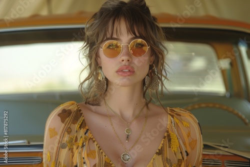 A young woman in a bohemian outfit, wearing round sunglasses and layered jewelry, standing confidently in front of a vintage car. She exudes a stylish and retro vibe.