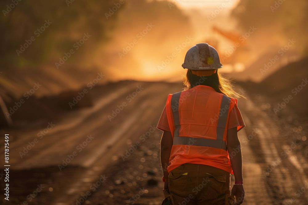 1 Female woman road worker in safety work clothes hard safety helmet working on mine roadwork highway region dirt roads dusty sun for contractor diverse work construction site job workforce freeway 1 Female woman road worker in safety work clothes hard safety helmet working on mine roadwork highway region dirt roads dusty sun for contractor diverse work construction site job workforce freeway