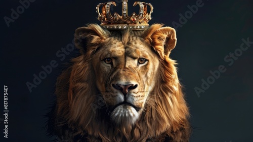 king lion wearing a crown isolated on black background realistic