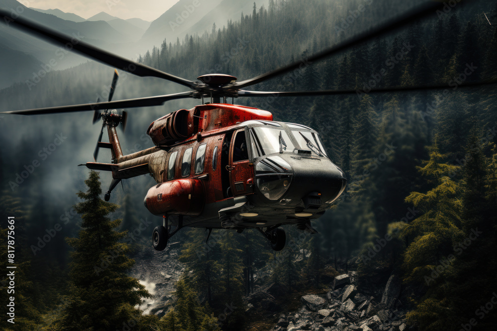 Helicopter flying over the mountains. Helicopter excursions
