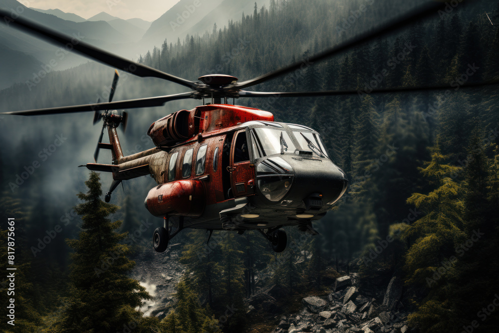 Helicopter flying over the mountains. Helicopter excursions Helicopter flying over the mountains. Helicopter excursions