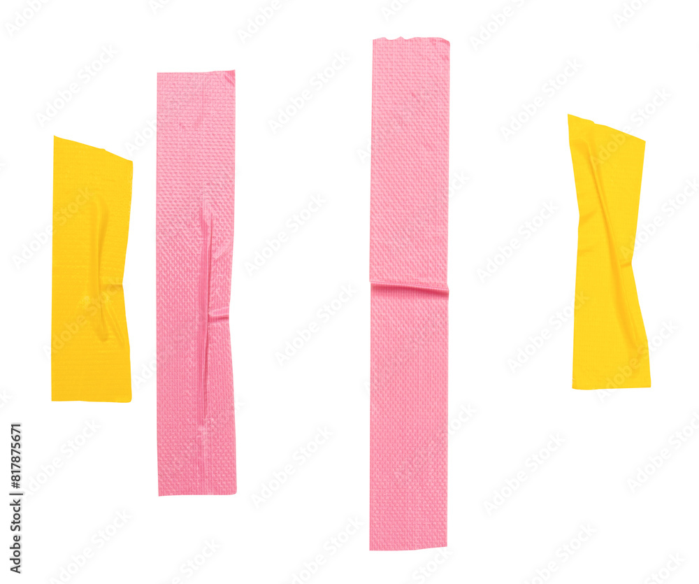 Top view set of wrinkled yellow and pink adhesive vinyl tape or cloth tape in stripes shape isolated with clipping path in png file format