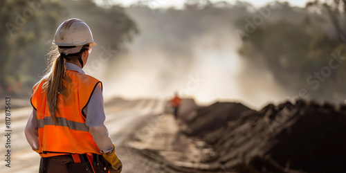 1 Female woman road worker in safety work clothes hardhat working on mine roadwork highway region dirt ditch for contractor diverse work construction site jobs workforce supervisor freeway photo