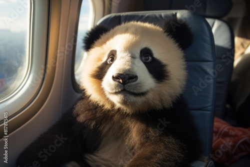 panda sitting in the cabin of a passenger airplane. Travel and vacation concept