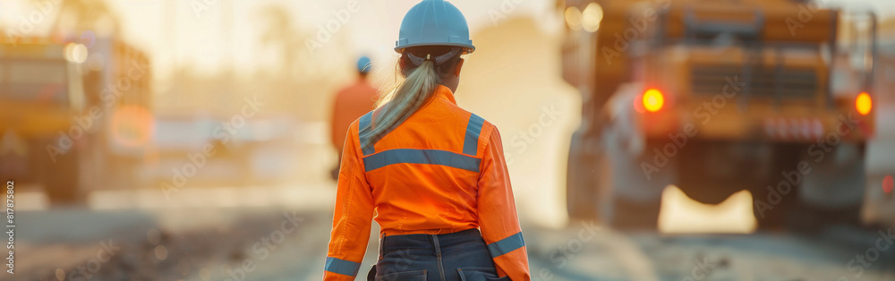 1 Female woman road worker in safety work clothes hardhat working on mine roadwork highway region dirt roads truck digger for contractor diverse work construction site job workforce supervisor freeway 1 Female woman road worker in safety work clothes hardhat working on mine roadwork highway region dirt roads truck digger for contractor diverse work construction site job workforce supervisor freeway