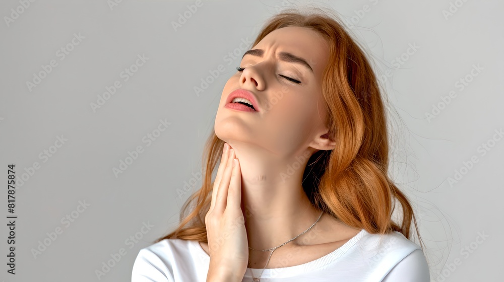 Young woman touching her sore throat. Health concept and healthcare. White background photo suitable for medical and healthcare articles. AI Young woman touching her sore throat. Health concept and healthcare. White background photo suitable for medical and healthcare articles. AI