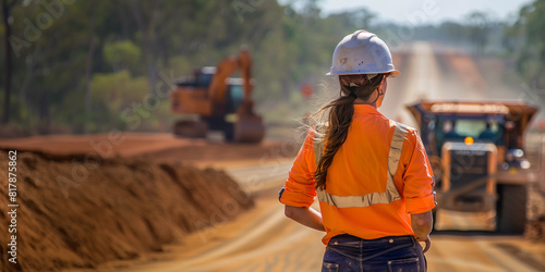 1 Female woman road worker in safety work clothes hardhat working on mine roadwork highway region dirt roads truck digger for contractor diverse work construction site job workforce supervisor freeway